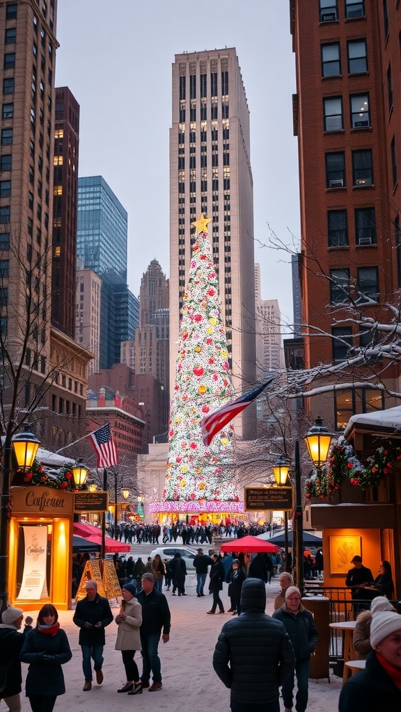 Christmas in New York City with Rockefeller Center tree and festive decorations.
